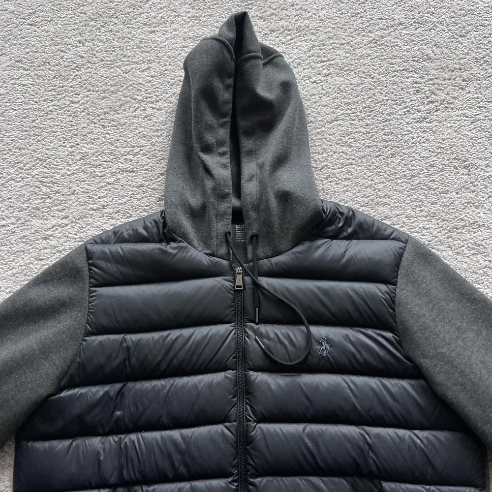 Polo Ralph Lauren Performance Puffer Jacket Mens L Black Hooded Down Hybrid